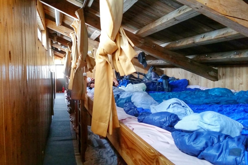 Mt Fuji mountain huts shared sleeping space with sleeping bag. Climbing Mount Fuji. Hiking in Japan.